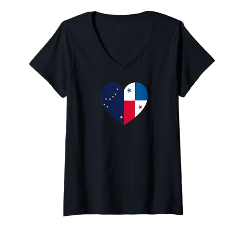 Damen Alaska and Panama Flags: Heart Shaped Unity T-Shirt mit V-Ausschnitt von Panama Love Pride Merch