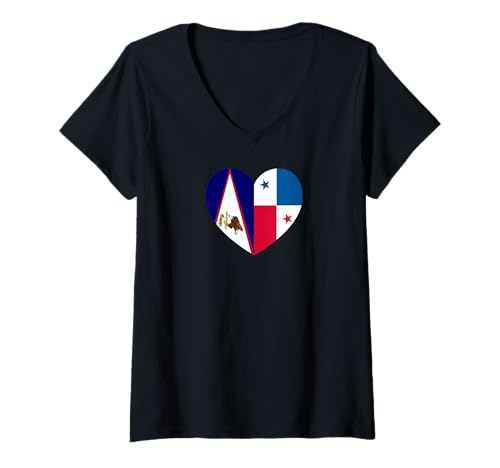 Damen American Samoa and Panama Flags: Heart Shaped Unity T-Shirt mit V-Ausschnitt von Panama Love Pride Merch