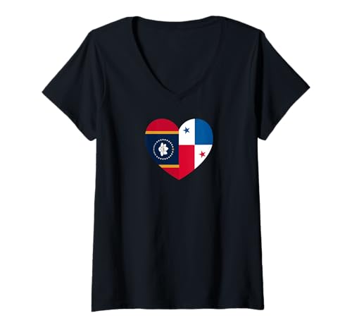 Damen Mississippi and Panama Flags: Heart Shaped Unity T-Shirt mit V-Ausschnitt von Panama Love Pride Merch