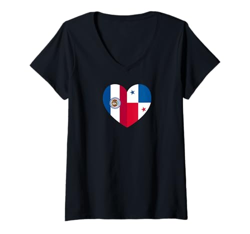 Damen Missouri and Panama Flags: Heart Shaped Unity T-Shirt mit V-Ausschnitt von Panama Love Pride Merch