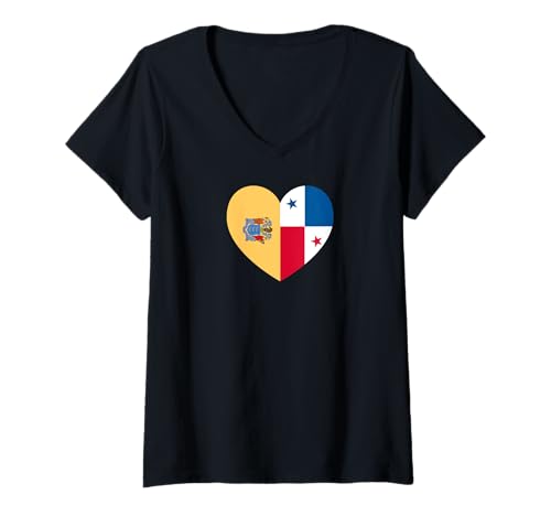 Damen New Jersey and Panama Flags: Heart Shaped Unity T-Shirt mit V-Ausschnitt von Panama Love Pride Merch