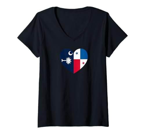Damen South Carolina and Panama Flags: Heart Shaped Unity T-Shirt mit V-Ausschnitt von Panama Love Pride Merch