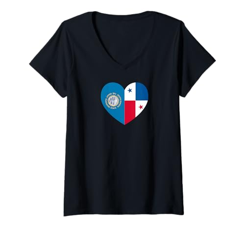 Damen South Dakota and Panama Flags: Heart Shaped Unity T-Shirt mit V-Ausschnitt von Panama Love Pride Merch