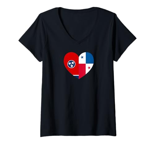 Damen Tennessee and Panama Flags: Heart Shaped Unity T-Shirt mit V-Ausschnitt von Panama Love Pride Merch