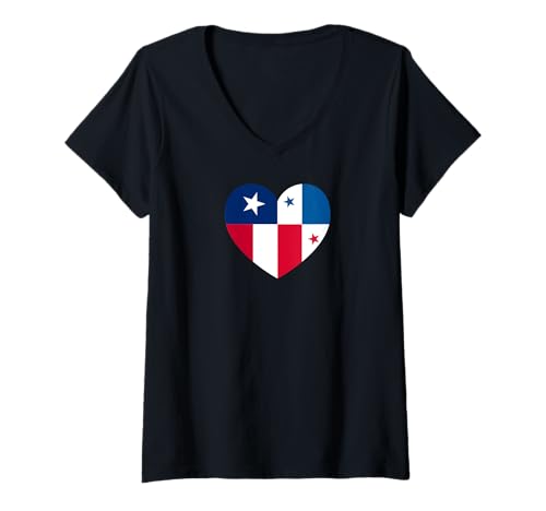 Damen Texas and Panama Flags: Heart Shaped Unity T-Shirt mit V-Ausschnitt von Panama Love Pride Merch