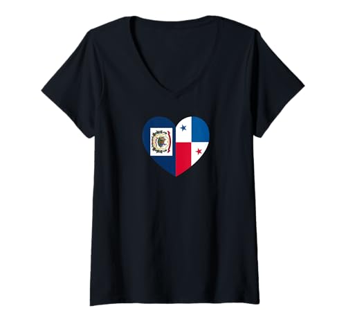 Damen West VA and Panama Flags: Heart Shaped Unity T-Shirt mit V-Ausschnitt von Panama Love Pride Merch