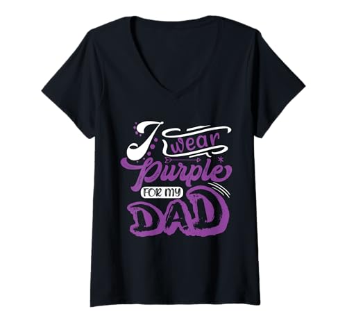 Damen I Wear Purple for My Dad | Pancreatic Cancer Awareness T-Shirt mit V-Ausschnitt von Pancreatic Cancer Awareness Products Purple Ribbon
