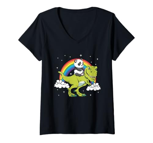 Damen Pandabär Panda Dinosaurier Tyrannosaurus T-Rex Raindow Cloud T-Shirt mit V-Ausschnitt von Panda Bear Dino Action