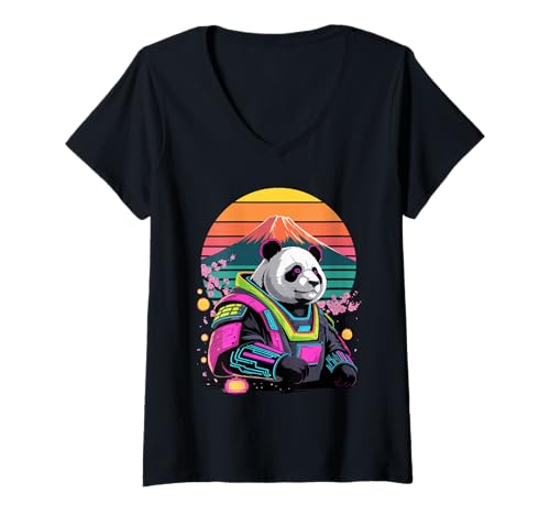 Damen Retro Panda Bär Samurai Pandas T-Shirt mit V-Ausschnitt von Panda Bear Pandas Lover Gifts