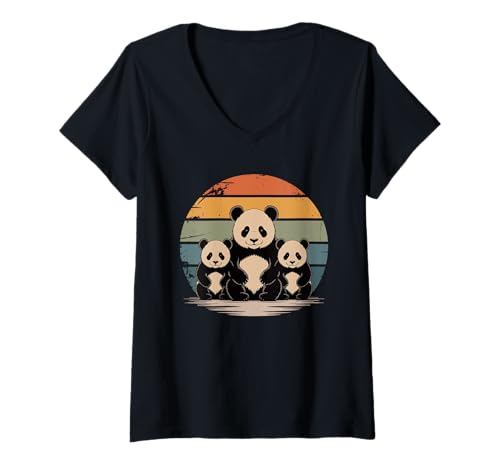 Damen Retro Sonnenuntergang Pandabär Silhouette Pandas T-Shirt mit V-Ausschnitt von Panda Bear Pandas Lover Gifts