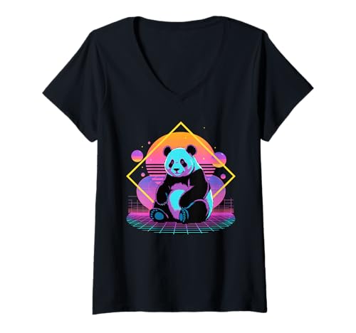 Damen Rétro Synthwave Panda Ours Pandas T-Shirt mit V-Ausschnitt von Panda Bear Pandas Lover Gifts
