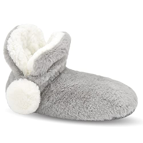 Panda Bros Damen-Hausschuhe, superweich, warm, flauschig, gefüttert, Winter, flauschig, Haussocken mit Greifern, Grauer Pompon, 8-10 von Panda Bros