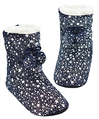 Panda Bros Damen-Hausschuhe, superweich, warm, flauschig, gefüttert, Winter, flauschig, Haussocken mit Greifern, Marineblaue Paillettenschleife, 8-10 von Panda Bros