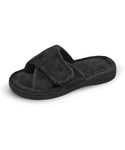Panda Bros Damen Verstellbare Hausschuhe Diabetiker Hausschuhe für Frauen Memory Foam Open Toe Geschwollene Füße Hausschuhe Schlafzimmer Haus Indoor Outdoor Schuhe mit Gummisohle, Schwarz, 37/38 EU von Panda Bros