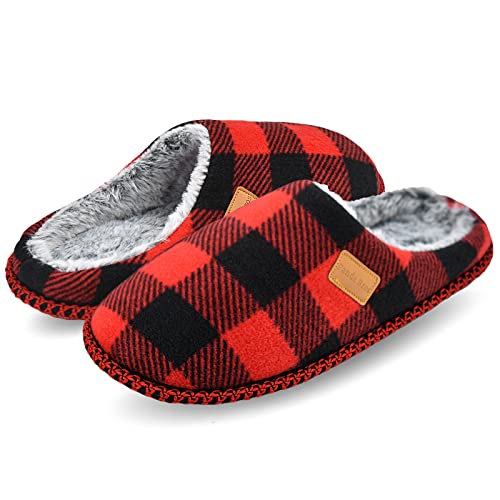 Panda Bros Hausschuhe für Herren, Memory-Schaum, Hausschuhe, für drinnen und draußen, Korallen-Fleece-gefüttert, warm, bequem, Schlafzimmerschuhe, leichte und rutschfeste Gummisohle, Rotes Gitter, 13 von Panda Bros