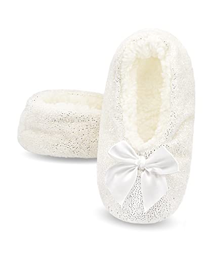 Panda Bros Slipper-Socken für Damen, flauschige, gemütliche Fleece-Hausschuhe, weich, warm, Weiße Pailletten-Punkte, 5-7.5 von Panda Bros