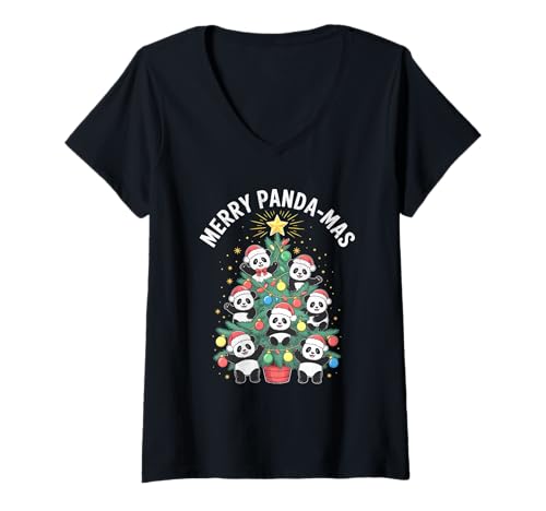Damen Panda Weihnachtsbaum T-Shirt mit V-Ausschnitt Damen Panda Weihnachtsbaum T-Shirt mit V-Ausschnitt von Panda Christmas Tree Tees