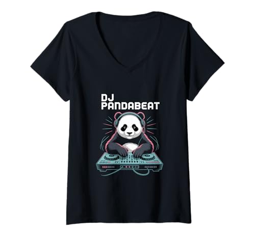 Damen DJ Pandabeat Panda Mit Kopfhörer An Pult Club Beat T-Shirt mit V-Ausschnitt Damen DJ Pandabeat Panda Mit Kopfhörer An Pult Club Beat T-Shirt mit V-Ausschnitt von Panda DJ Musik Club Party Beat Bass Techno