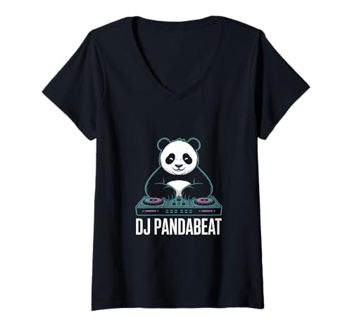 Damen DJ Pandabeat Panda DJ Turntable EDM Rave Musik T-Shirt mit V-Ausschnitt von Panda DJ Musik Festival Rave Club Beat EDM