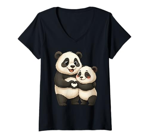 Damen Pandabär Pärchen mit Herz | Süßes Pandabär Panda Liebespaar T-Shirt mit V-Ausschnitt Damen Pandabär Pärchen mit Herz | Süßes Pandabär Panda Liebespaar T-Shirt mit V-Ausschnitt von Panda Designer Designs