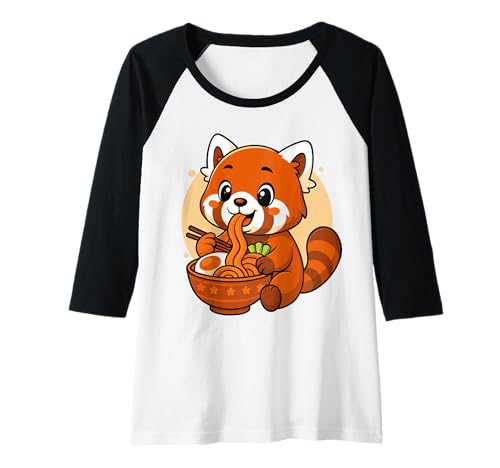 Damen Kawaii Red Panda isst Ramen-Grafik Japanische Panda-Grafik Raglan von Panda Eating Ramen Funny Japanese Kawaii Design
