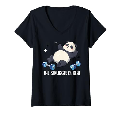 Damen The Struggle is Real Panda Workout Humor T-Shirt mit V-Ausschnitt Damen The Struggle is Real Panda Workout Humor T-Shirt mit V-Ausschnitt von Panda Fitness Humor Motivation Gym