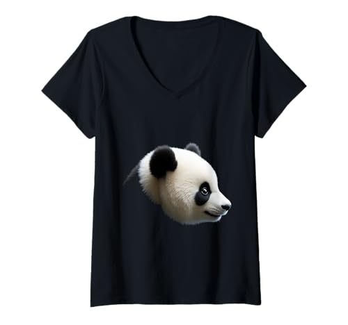 Damen Pandakopf Wildtier Wald China Kunst T-Shirt mit V-Ausschnitt von Panda Fun Designs