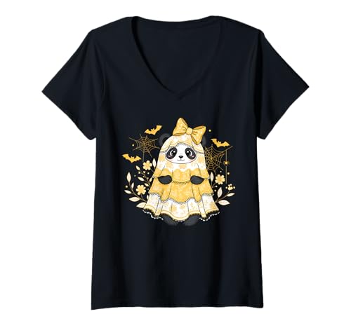 Damen Panda Ghost Shirt, niedliches gelbes Blumenmuster, lustige gruselige Schleife T-Shirt mit V-Ausschnitt Damen Panda Ghost Shirt, niedliches gelbes Blumenmuster, lustige gruselige Schleife T-Shirt mit V-Ausschnitt von Panda Ghost Tee Shirts for Funny Halloween Fans