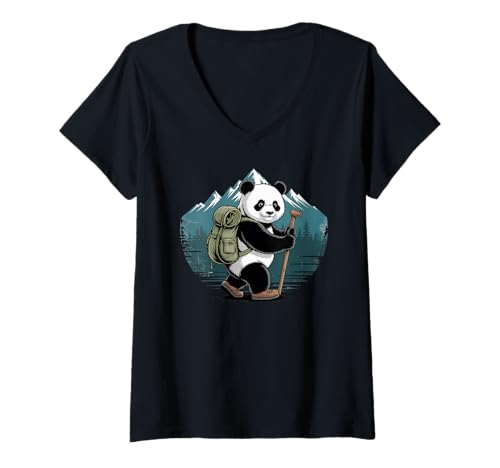 Damen Panda Hiking Backpack Mountain Trekking T-Shirt mit V-Ausschnitt von Panda Hiking Mountain Adventure Gear