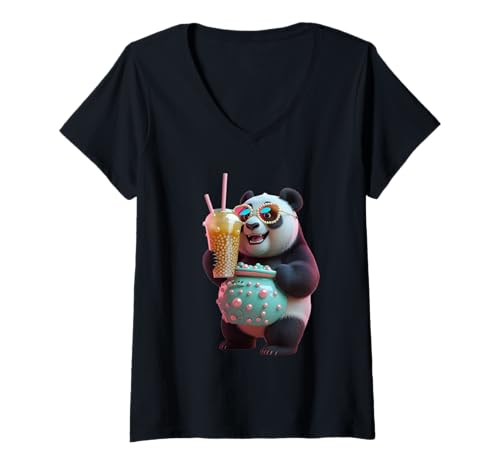 Damen Panda Holding a Giant Cup Lustiges Unisex-Design Männer Frauen T-Shirt T-Shirt mit V-Ausschnitt von Panda Holding a Giant Cup Funny Unisex Design tee