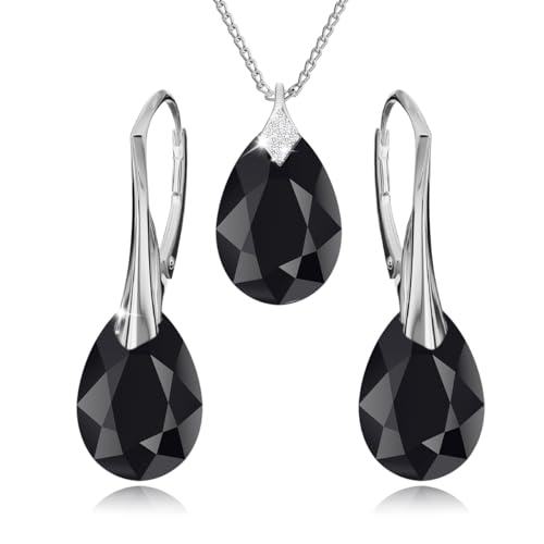 Panda-Jewellery Ohrringe Silber 925 Hängend - Kette Damen mit Anhänger - Schmuck Set für Sie - mit Kristallen - Ohrringe Hängend und Halskette Damen Silber 925 in Form eines Tropfes (Jet) von Panda-Jewellery