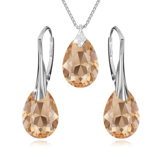 Ohrringe Silber 925 Hängend - Kette Damen mit Anhänger - Schmuck Set für Sie - mit Kristallen - Ohrringe Hängend und Halskette Damen Silber 925 in Form eines Tropfes (Light Colorado Topaz) von Panda-Jewellery