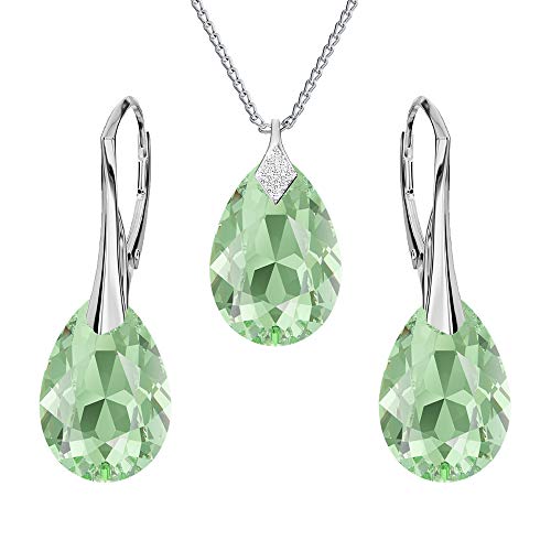 Ohrringe Silber 925 Hängend - Kette Damen mit Anhänger - Schmuck Set für Sie - mit Kristallen - Ohrringe Hängend und Halskette Damen Silber 925 in Form eines Tropfes (Peridot) von Panda-Jewellery