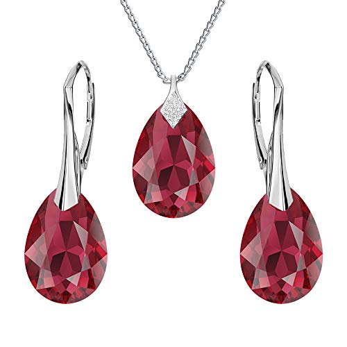 Panda-Jewellery Ohrringe Silber 925 Hängend - Kette Damen mit Anhänger - Schmuck Set für Sie - mit Kristallen - Ohrringe Hängend und Halskette Damen Silber 925 in Form eines Tropfes (Scarlet) von Panda-Jewellery