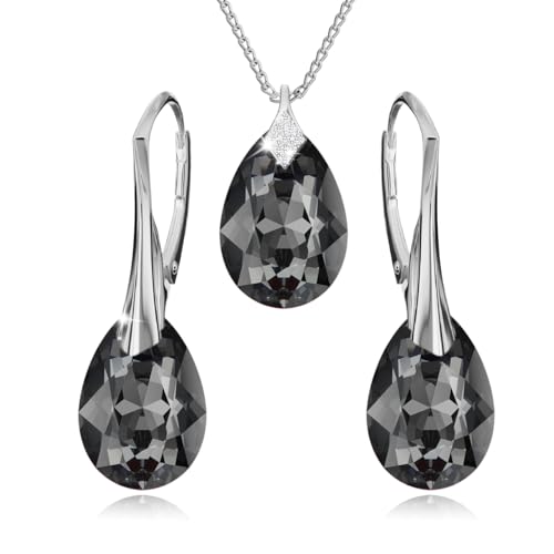 Panda-Jewellery Ohrringe Silber 925 Hängend - Kette Damen mit Anhänger - Schmuck Set für Sie - mit Kristallen - Ohrringe Hängend und Halskette Damen Silber 925 in Form eines Tropfes (Silver Night) von Panda-Jewellery