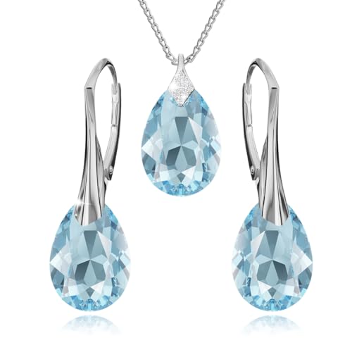 Panda-Jewellery Ohrringe Silber 925 Hängend - Kette Damen mit Anhänger - Schmuck Set für Sie - mit Kristallen - Ohrringe Hängend und Halskette Damen Silber 925 in Form eines Tropfes (Aqumarine) von Panda-Jewellery