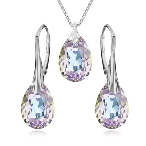 Panda-Jewellery Ohrringe Silber 925 Hängend - Kette Damen mit Anhänger - Schmuck Set für Sie - mit Kristallen - Ohrringe Hängend und Halskette Damen Silber 925 in Form eines Tropfes (Vitrail Light) von Panda-Jewellery
