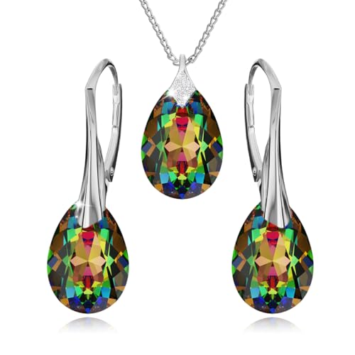 Panda-Jewellery Ohrringe Silber 925 Hängend - Kette Damen mit Anhänger - Schmuck Set für Sie - mit Kristallen - Ohrringe Hängend und Halskette Damen Silber 925 in Form eines Tropfes (Vitrail Medium) von Panda-Jewellery