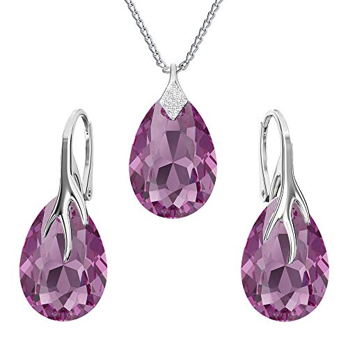 Ohrringe Silber 925 Hängend - Kette Damen mit Anhänger - Schmuck Set für Sie - mit Kristallen - Halskette Damen Silber 925 - elegante Ohrringe Hängend - Silber Kette - Birnenform (Amethyst) von Panda-Jewellery