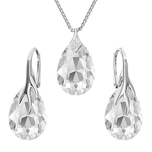 Ohrringe Silber 925 Hängend - Kette Damen mit Anhänger - Schmuck Set für Sie - mit Kristallen - Halskette Damen Silber 925 - elegante Ohrringe Hängend - Silber Kette - Birnenform (Kristall) von Panda-Jewellery