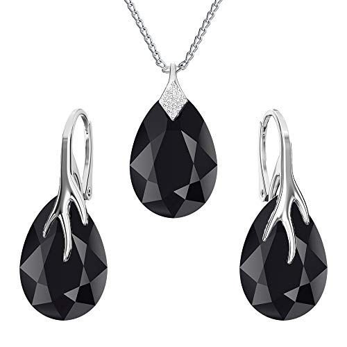 Ohrringe Silber 925 Hängend - Kette Damen mit Anhänger - Schmuck Set für Sie - mit Kristallen - Halskette Damen Silber 925 - elegante Ohrringe Hängend - Silber Kette - Birnenform (Jet) von Panda-Jewellery