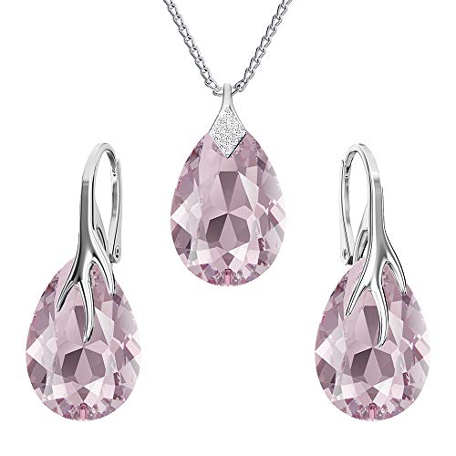 Ohrringe Silber 925 Hängend - Kette Damen mit Anhänger - Schmuck Set für Sie - mit Kristallen - Halskette Damen Silber 925 - elegante Ohrringe Hängend - Silber Kette - Birnenform (Heller Amethyst) von Panda-Jewellery