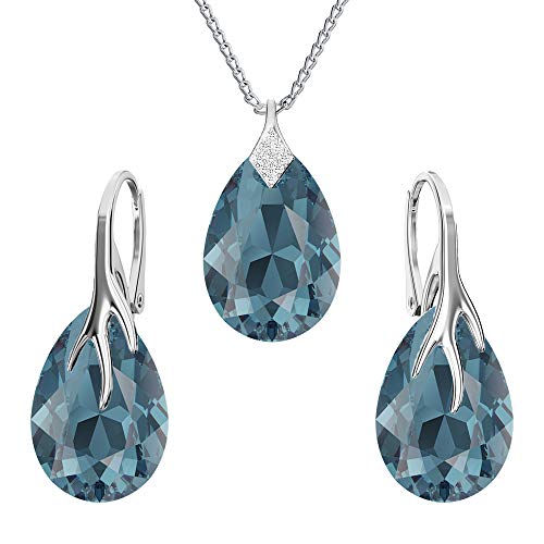 Ohrringe Silber 925 Hängend - Kette Damen mit Anhänger - Schmuck Set für Sie - mit Kristallen - Halskette Damen Silber 925 - elegante Ohrringe Hängend - Silber Kette - Birnenform (Montana) von Panda-Jewellery