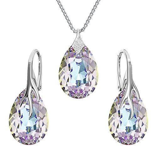 Ohrringe Silber 925 Hängend - Kette Damen mit Anhänger - Schmuck Set für Sie - mit Kristallen - Halskette Damen Silber 925 - elegante Ohrringe Hängend - Silber Kette - Birnenform (Vitrail Hell) von Panda-Jewellery