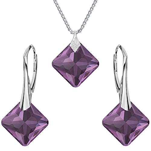 Panda-Jewellery Ohrringe Silber 925 Hängend - Kette Damen mit Anhänger - Schmuck Set für Sie - mit Kristallen in Form eines Rhombus - Ohrringe Hängend und Halskette Damen Silber 925 (Amethyst) von Panda-Jewellery