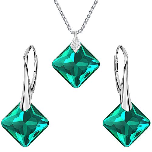 Ohrringe Silber 925 Hängend - Kette Damen mit Anhänger - Schmuck Set für Sie - mit Kristallen in Form eines Rhombus - Ohrringe Hängend und Halskette Damen Silber 925 (Emerald) von Panda-Jewellery