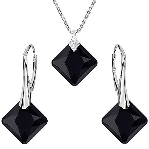 Ohrringe Silber 925 Hängend - Kette Damen mit Anhänger - Schmuck Set für Sie - mit Kristallen in Form eines Rhombus - Ohrringe Hängend und Halskette Damen Silber 925 (Jet) von Panda-Jewellery