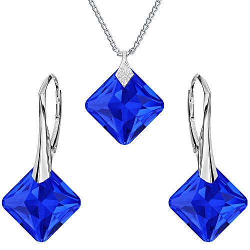 Ohrringe Silber 925 Hängend - Kette Damen mit Anhänger - Schmuck Set für Sie - mit Kristallen in Form eines Rhombus - Ohrringe Hängend und Halskette Damen Silber 925 (Majestic Blue) von Panda-Jewellery