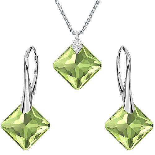 Panda-Jewellery Ohrringe Silber 925 Hängend - Kette Damen mit Anhänger - Schmuck Set für Sie - mit Kristallen in Form eines Rhombus - Ohrringe Hängend und Halskette Damen Silber 925 (Peridot) von Panda-Jewellery