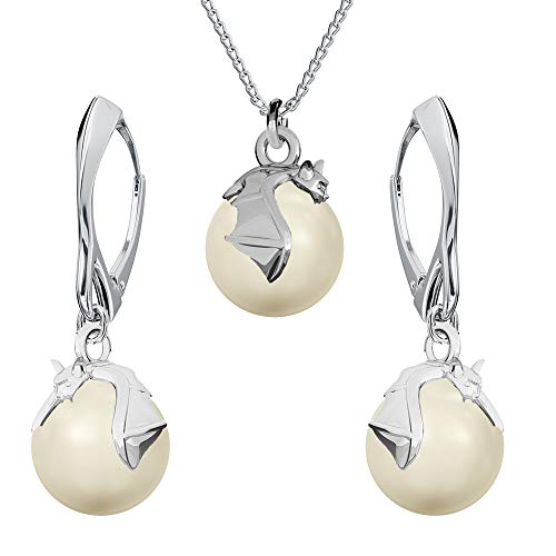 Ohrringe Silber 925 Hängend - Kette Damen mit Anhänger - Schmuck Set für Sie - mit Perlen und Fledermaus - Ohrringe Hängend und Halskette Damen Silber 925 (Cream) von Panda-Jewellery